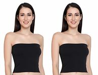 GLAMORAS Women Nylon Spandex Non Padded Non Wired Comfort Fit Seamless Strapless Stretchable Crop Top Long Bandeau Tube Top Inner Camisole - Free Size, Black - Pack of 2