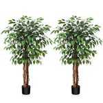 OAKRED 4FT Silk Artificial Ficus Tree with Natural Wood Trunk and Realistic Leaves, Fake Plants Tall Fake Trees Faux Ficus Tree for Office House Living Room Home Decor Indoor Outdoor,Set of 2