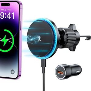 Rolgno Cargador Inalambrico Coche Magnético con Cargador QC3.0 para MagSafe, Soporte Movil Coche Estable para Salida de Aire, Carga Rápida de Alineación Automática, Compatible con iPhone 16/15/14/13