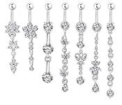 SMCTCRED Belly Bars,9PCS 316L Surgical Steel CZ Belly Bars with Dangle Cubic Zirconia Curved Body Piercing Jewelry Barbells for Women Girls (7 Pieces)