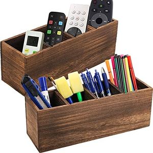 Dicunoy 2 Pack Wooden Pencil Holder for Desk, Rustic Wood Remote Control Holder Caddy, Retro Table Organizer with 4 Compartments for Art Supplies, Pen, Home, Office, School Classroom