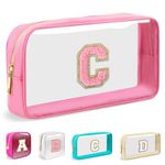 Iqimott Mini Clear Personalized Initial Makeup Bag, Nylon Preppy A-Z Chenille Letter Patch Zipper Cosmetic Bag, Small Cute Pouch Travel Coin Purse Toiletry Bag, Small-Pink, C