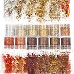 Laza Autumn Nail Glitter, 12 Colors Acrylic Nails Art Glitter Powder Sequin, Retro Copper Iridescent Flake Paillette Sparkle Tip 120g for Gel Polish, Face, Eyes, Body, Hair, Jewelry, Resin -Golden Age