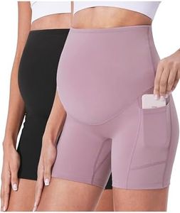 POSHDIVAH Maternity Shorts for Women Over Belly Biker Workout Yoga Active Summer Pregnancy Running Short Leggings 2PCS Black Pink 5" Small
