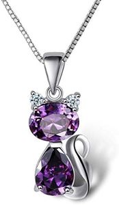 DreamsEden Cat Necklace, 18'' Silver Box Chain Women's Amethyst Cat Pendant Jewelry, Purple (Gift Box & Greeting Card)