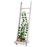 MyGift 4.5 Foot Tall Shabby Chic White Washed Solid Wood Standing Ladder Style Plant Stand Trellis for Vine Climbing Plants with Decorative Bottom Garden Tray