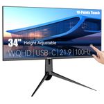 34" WQHD 3440×1440P Touchscreen Monitor 350cd/m², 3000:1 Contrast, Narrow Bezel Large Computer Touch Display 100Hz, USB-C, USB-B, USB-A, DP, HDMI, Height/Swivel/Tilt Adjustable PC Touch Screen, Black