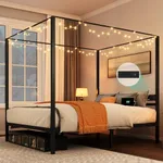 YITAHOME Canopy Bed Frame Queen, Four Poster Bed with Charge Station & Star-Shaped LED Light, 14 Inch Platform with Built-in Headboard Strong Metal Slat Mattress Support, No Box Spring Needed, Black