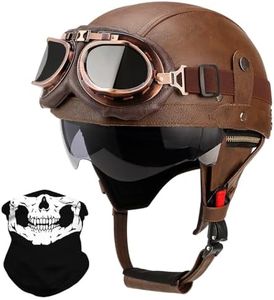 German Style Leather Motorcycle Half Helmet for Adults Men Women, DOT Approved Vintage Cap Half Face Shell Motorcycle Helmets for Cruiser Chopper+Goggles(Brown,Medium)