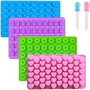 Weyeena Gummy Bear Candy Molds Silicone, Gummy Molds with 2 Droppers, Non-Stick Silicone Candy Molds Including Mini Dinosaur, Bear Shape, Hearts and Mini Donut, Set of 4