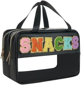 Snack Bags, Varsity Letter Pouch, Snacks Bag for Travel, Clear Chenille Varsity Letter Zipper Pouch, Snacks Bag Pouch, Preppy Clear Cosmetic Bag, Makeup Travel Bag for Women, Black--Sanck