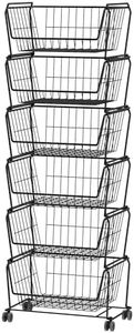 PUSDON Stackable Metal Storage Carts, Dual Use Shelf for Kitchen Fruit Vegetable Baskets with Wheels, Storage Rack for Living Room, Home & Office, Standard Black 6 Tiers