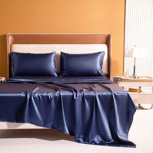 Ultra Soft Sheet Set,100% Soft Luxury Silky Satin, Fitted Sheet & Flat Sheet & 2 Pillowcases (Navy, Singe)