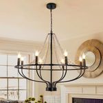 Ganeed Vintage Chandeliers,8-Light Round Wagon Wheel Chandelier with Wood Beaded,Black Farmhouse Pendant Light, Adjustable Height Hanging Light for Kitchen Bedroom Dining Room