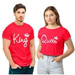 Hangout Hub Men's & Women's Round Neck T-Shirt King Queen (Crop Top) Plain Crown (Red;Men L(40);Women S(36) ;) Pack of 2 Couple T-Shirts