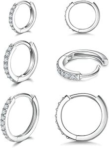 925 Sterling Silver Small Hoop Earrings Cubic Zirconia Huggie Tiny Earrings,3 Pairs 14K White Gold Plated Cartilage Piercing Earrings Ear Cuff for Women Men 8mm 10mm 12mm