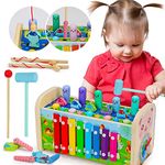 7 in 1 Wooden Toddler Toys for 1 2 3 Year Old Girls Boys, Montessori Toys Hammering Pounding Toy with Whack a Mole Game Fishing Game Wooden Xylophone, Hammer and Peg Kids Toys Age 2+ Birthday Gifts