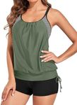 Holipick Tankini Swimsuits for Women Two Piece Tummy Control Bathing Suits Blouson Tankini Top with Sporty Boy Shorts, Army Green Striped, Small