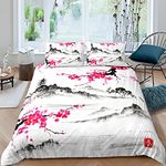 Japanese Style Cherry Blossoms Duvet Cover Set Watercolor Ink Painting Bedding Set King For Girls Women Teens Adults Decor Pink Flowers Landscape Beds Set With Zipper