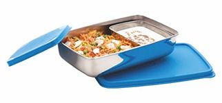 Signoraware Stainless Steel Compact Small Steel Lunch Box (150ml+550ml Compartments with Airtight Lid, Set of 2 | Blue)