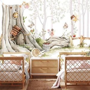 LOOWAP Self Adhesive Nursery Wallpaper Watercolor Tree Forest Woodland Wall Mural for Girls Bedroom Living Room
