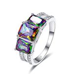 Narica Silver Plated 3-Stone Emerald Cut Created Rainbow Topaz Blue Sapphire Cubic Zirconia Filled Halo Wedding Engagement Band Elegant Women's Ring for Mom Girls Bridal Lover Gift, 6,