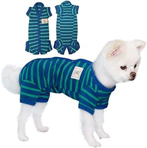 TONY HOBY Dog Pajamas for Medium Small Dog, Dog Jumpsuit with Stripes 4 Legged Pajamas, Soft Dog Onesies Pet Clothes (Blue&Green, Girl, XL)
