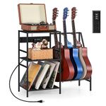 Guitar Stands Floor Electric Guitar Accessories with Charging Station Multifunctional Guitar Stands with 3-tier Storage Shelf Music Stand for Guitar Players for Guitar Amp Picks Accessories, Black