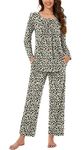 Bestbee Womens Pyjamas Set Plus Size, 2 Piece Pleated Nightwear Set Long Sleeve Long Pant With Pockets Ladies Pjs Set, 2XL, Leopard Beige