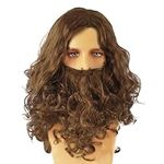 EUPSIIU Mens Wigs Long Curly Fluffy Wig and Moustache Cosplay Halloween Character Costume Brown Wig Beard Fancy Dress Costume Layered Curly Fake Wizard Wig Adult Christmas Cosplay Party Wig (Brown)