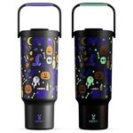 Meoky 40 oz Halloween Tumbler with Handle and Straw, Glow in The Dark Insulated Water Bottle, Stainless Steel Travel Mug, Keeps Cold for 34 Hours, Fits in Car Cup Holder (Haunted Pumpkin)