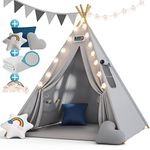 Spielwerk® Kids Teepee Play Tent 130x130x160cm | Children's Playhouse Tent | with Fairylight Light Chain 2.5cm Thick Play Mat 3 Cushions Cotton Carrying Bag | Child's Toy Room | Pearl Grey