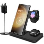 Wireless Charger 3 in 1,Foldable Fast induction Charging Station for Samsung Galaxy S24 S24+ S23 S22 S21 S20 Ultra FE/Note/Z Flip Fold 5 4 3,Galaxy Watch 6/5/4/3 and Galaxy Buds-(With Adapter)