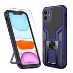 for iPhone 11 Case with Tempered Glass Screen Protector，Ring Holder Phone Case Support Magnetic Car Mount TPU + PC Dual-Layer Heavy Duty Military Grade Drop Proof Cover for iPhone 11 6.1 inch (Blue)