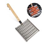 AISLE 3 ESSENTIALS Stainless Steel Hot Dog Roller Rack with Premium Wood Handle Hot Dog Roller Grill, 5 Hot Dog Capacity, Grills Evenly | Great for BBQ and Outdoor Grilling