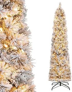 Goplus 6ft Pre-Lit Snow Flocked Pencil Christmas Tree, Artificial Slim Xmas Tree with 150 Warm-White Incandescent Lights, 373 Branch Tips, Pine Needles, Metal Stand, for Home Office Holiday Decor