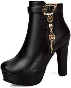 JIEEME Moda donna cerniera tacco a blocco alto tacco rotondo piattaforma camminare facile comodo gambo corto stivali per le donne z39921, Nero , 47 EU
