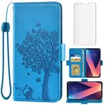 Asuwish Compatible with LG V35 ThinQ V30 Plus Wallet Case and Tempered Glass Screen Protector Flip Wrist Strap Card Holder Cell Phone Cover for LGV30 LGV35 LG30 LG35 V 30 35 V30+ V30s H931 Men Blue