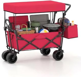 Goplus Collapsible Wagon w/Canopy, Folding Garden Cart w/Adjustable Handles, Detachable Storage Bag & Big Wheels, Heavy Duty Outdoor Utility Cart for Camping, Beach & Shopping (Red)
