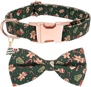 Faygarsle Green Dog Collar Christmas Design with Bow Metal Buckle Gingerbread Men Trees Pattern for Small Medium Large Dogs Bowtie Collar Cute Stylish Girl Christmas Dog Collar M