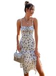 GORGLITTER Women's Floral Print Slit Thigh Sleeveless Tie Front Cami Midi Dress, White and Purple, M
