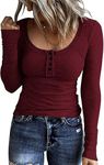 GOLDPKF Trendy Long Sleeve Women T Shirts Sxxy Crew Neck Swaeter Ribbed Henley Shirts Femme Knit Casual Tops Tight for Ladies Wine Red Medium