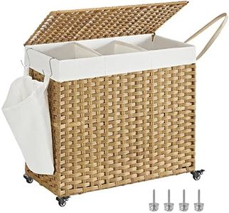 SONGMICS Laundry Hamper with Lid, 42.3 Gallons (160 L), Rolling Laundry Basket with Wheels, 3-Section Synthetic Rattan, Removable Liner, Bedroom, 27.6 x 14.2 x 26 Inches, Natural ULCB365N01