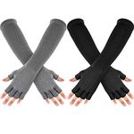 2 Pairs Winter Fingerless Gloves Long Thermal Knitted Mittens Stretchy Arm Warmers Half Finger Gloves for Men Women, 11 Inch (Black, Light Gray)