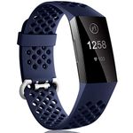 Dirrelo Compatible with Fitbit Charge 3/ Charge 4 Strap, Sport Silicone Adjustable Replacement with Breathable Holes Accessories Wristband for Fitbit Charge 3 SE, for Women Men, Large DarkBlue