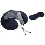 amazon basics Premium Travel Neck Pillow + Sleeping Eye Mask Combo with Portable Bag| Ergonomic | Orthopedic Support | Super Soft Fabric | Ideal for Flight, Car & Travel Comfort (Navy Blue & Gray)