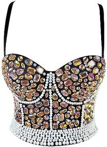 VEENDEO Women's Rhinestone Diamond Bead Bustier Crop Top Club Party Glitter Corset Top Bra Vest, Gold, Medium