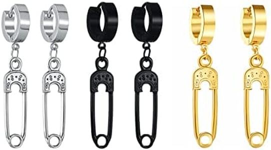 Flongo Women's Earrings Men's Stud Earrings with Hanging Pin Safety Pin Pendant Stud Huggie Earrings Hoop Earrings Gothic Punk Women Men, Stainless Steel