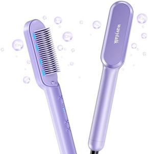 Wavytalk Hair Straightener Brush, Ionic Hair Straightening Brush with 6 Temperature Adjust, Anti-Scald Ceramic Straightening Comb Fast Heating for Home Salon, Dual Voltage, Purple.