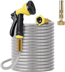 FOXEASE Metal Garden Hose 25FT- Stainless Steel Heavy Duty Water Hose with Solid Metal Nozzle &8 Function Sprayer, Portable & Lightweight Kink Free Yard Hose, Outdoor Hose